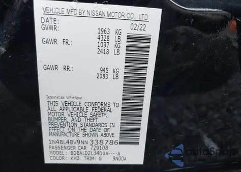 2022 Nissan Altima S Fwd из США, поврежденный, VIN 1N4BL4BV9NN338786